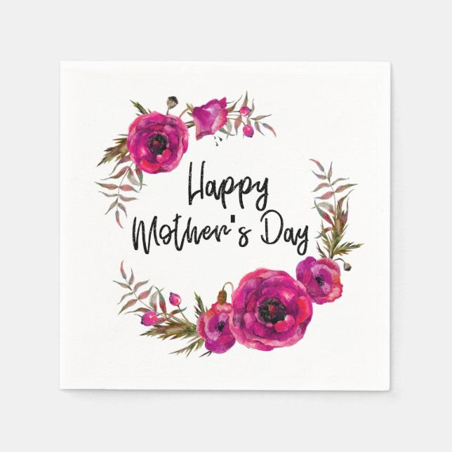 Fuchsia Poppies Floral Wreath Happy Mother's Day Napkin (Front)