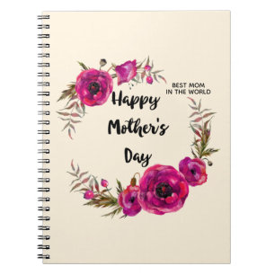 Fuchsia Poppies Floral Wreath Happy Mother's Day Notebook