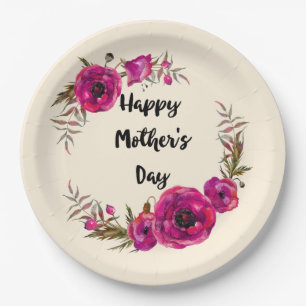 Fuchsia Poppies Floral Wreath Happy Mother's Day Paper Plate