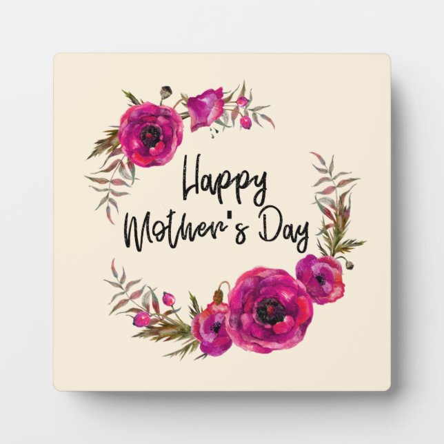 Fuchsia Poppies Floral Wreath Happy Mother's Day Plaque (Front)