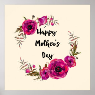 Fuchsia Poppies Floral Wreath Happy Mother's Day Poster