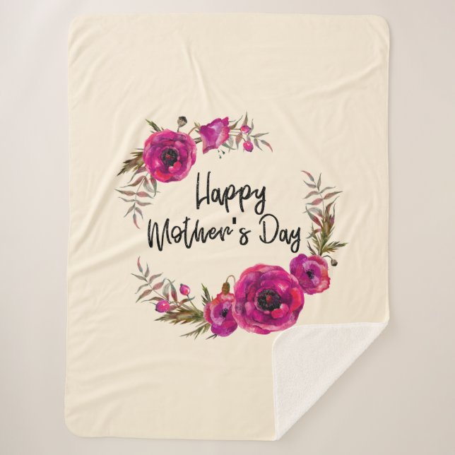 Fuchsia Poppies Floral Wreath Happy Mother's Day Sherpa Blanket (Front)