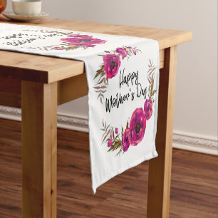 Fuchsia Poppies Floral Wreath Happy Mother's Day Short Table Runner