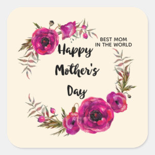 Fuchsia Poppies Floral Wreath Happy Mother's Day Square Sticker