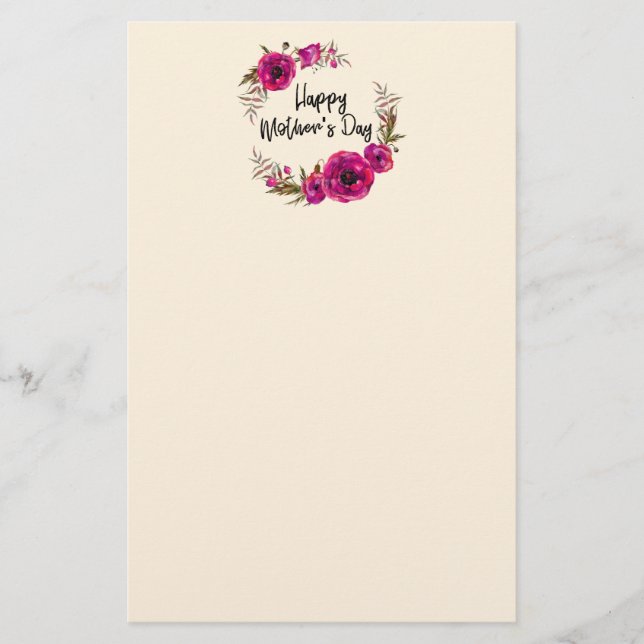 Fuchsia Poppies Floral Wreath Happy Mother's Day Stationery (Front)