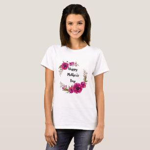 Fuchsia Poppies Floral Wreath Happy Mother's Day T-Shirt