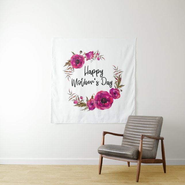 Fuchsia Poppies Floral Wreath Happy Mother's Day Tapestry (In Situ)