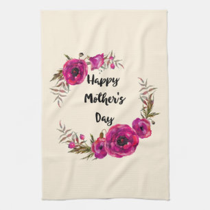 Fuchsia Poppies Floral Wreath Happy Mother's Day Tea Towel