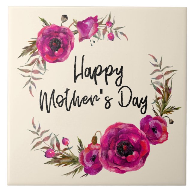 Fuchsia Poppies Floral Wreath Happy Mother's Day Tile (Front)
