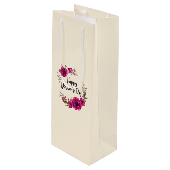 Fuchsia Poppies Floral Wreath Happy Mother's Day Wine Gift Bag (Front Angled)