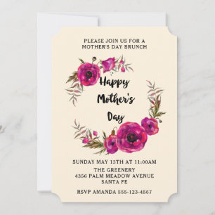 Fuchsia Poppies Floral Wreath Mother's Day Brunch Invitation
