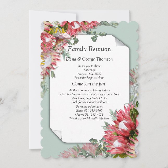 Fuchsia Protea Flower Bouquets Reunion Invitation (Front)