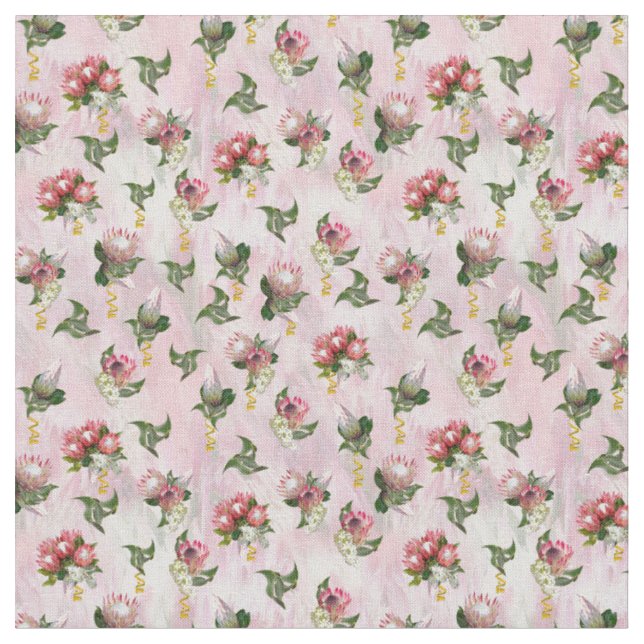 Fuchsia Protea flower bouquets with sage leaves Fabric (Close Up)