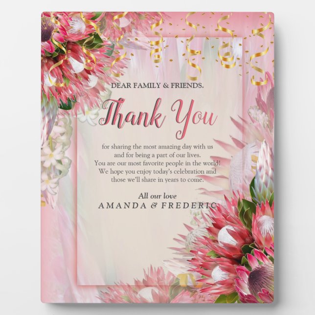 Fuchsia  Protea's with Blush & Gold Ribbons Plaque (Front)