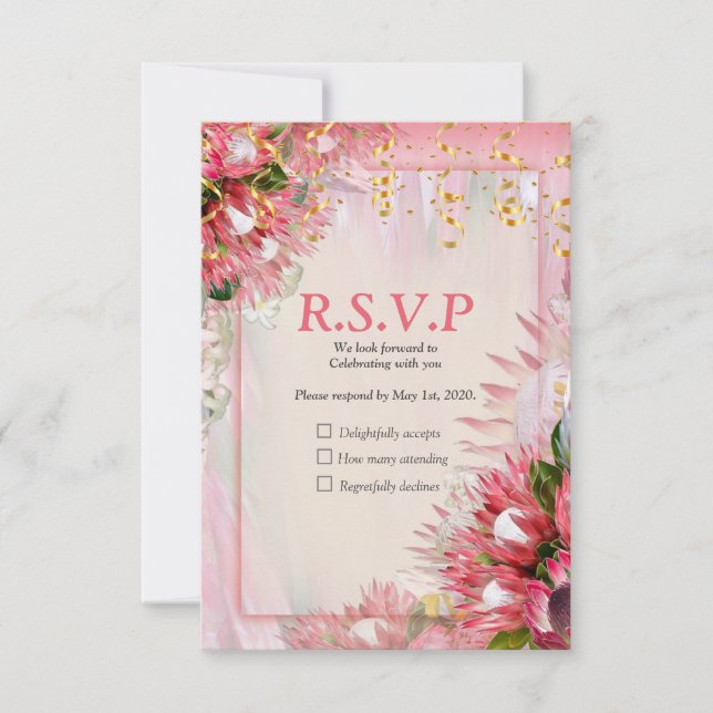 Fuchsia  Protea's with Blush & Gold ribbons RSVP Card (Front)