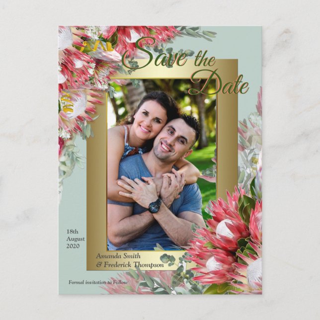 Fuchsia  Protea's with Green & Gold  Save the Date Announcement Postcard (Front)