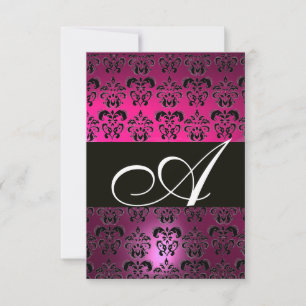 FUCHSIA PURPLE BLACK WHITE DAMASK MONOGRAM RSVP CARD