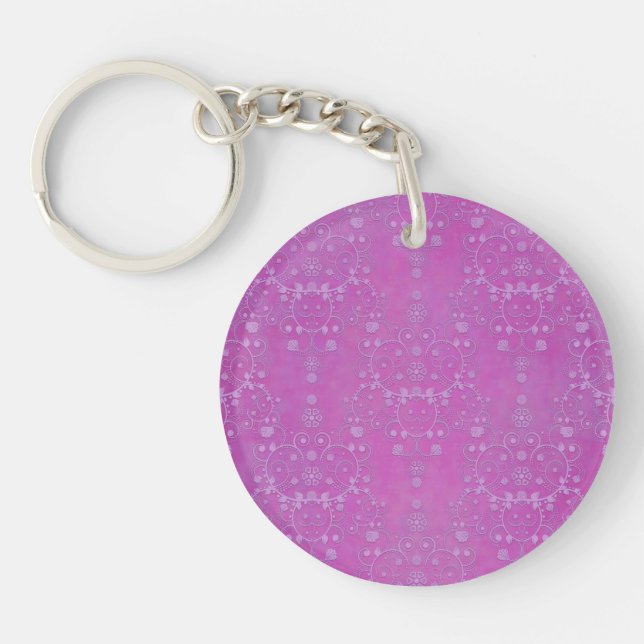 Fuchsia Purple Floral Damask Pattern Key Ring (Front)