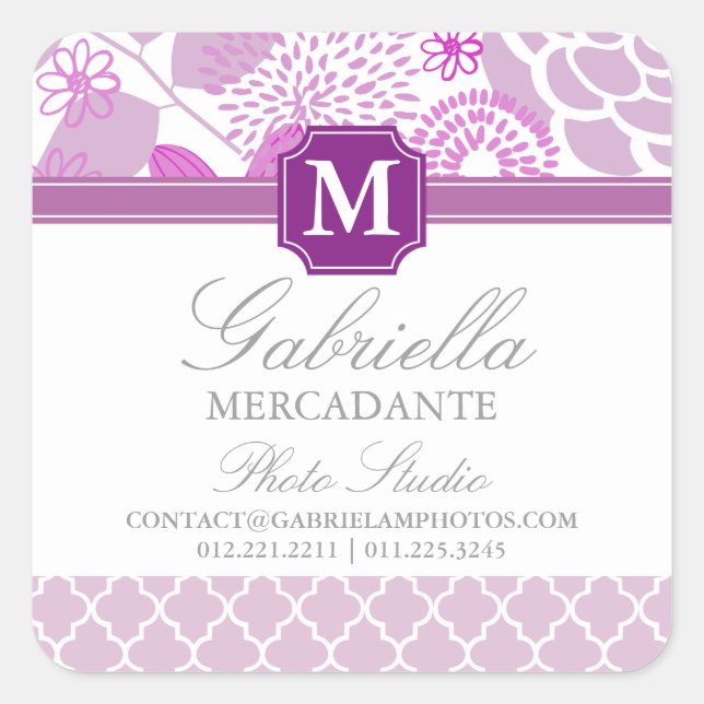 Fuchsia Purple Lilac Chevron Floral Monogrammed Square Sticker (Front)
