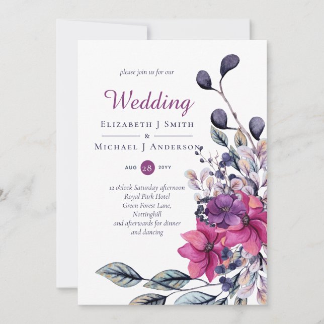 Fuchsia Purple Pink Floral Wedding  Invitation (Front)