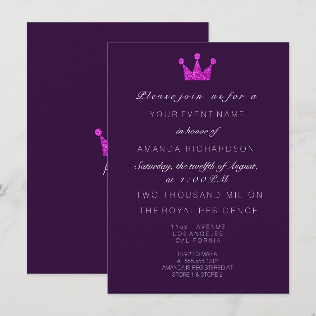 Fuchsia Purple PinkCrown Royal Glitter 16th Bridal Invitation (Front/Back)