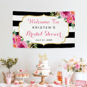 Fuchsia Purple Red Floral Stripes Bridal Shower Banner