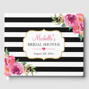Fuchsia Purple Red Floral Stripes Bridal Shower Guest Book