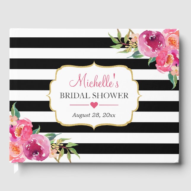 Fuchsia Purple Red Floral Stripes Bridal Shower Guest Book (Front)