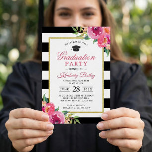 Fuchsia Purple Red Floral Stripes Graduation Party Invitation