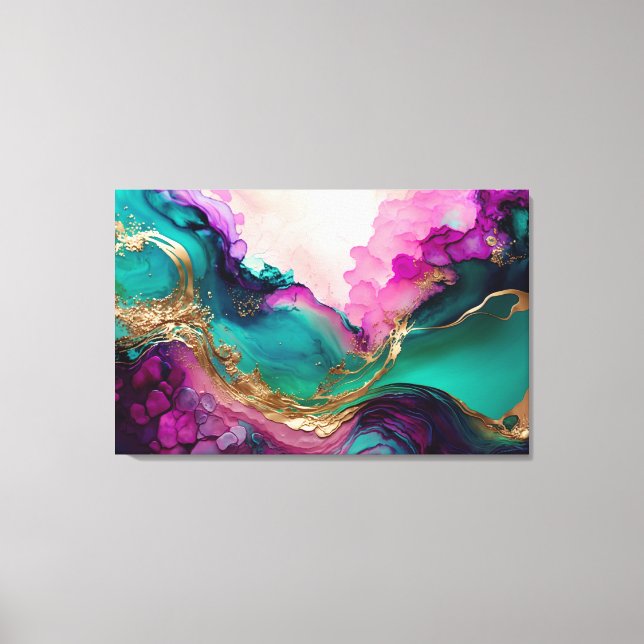 Fuchsia, Purple, Teal & Gold Marble Abstract Art Canvas Print (Front)