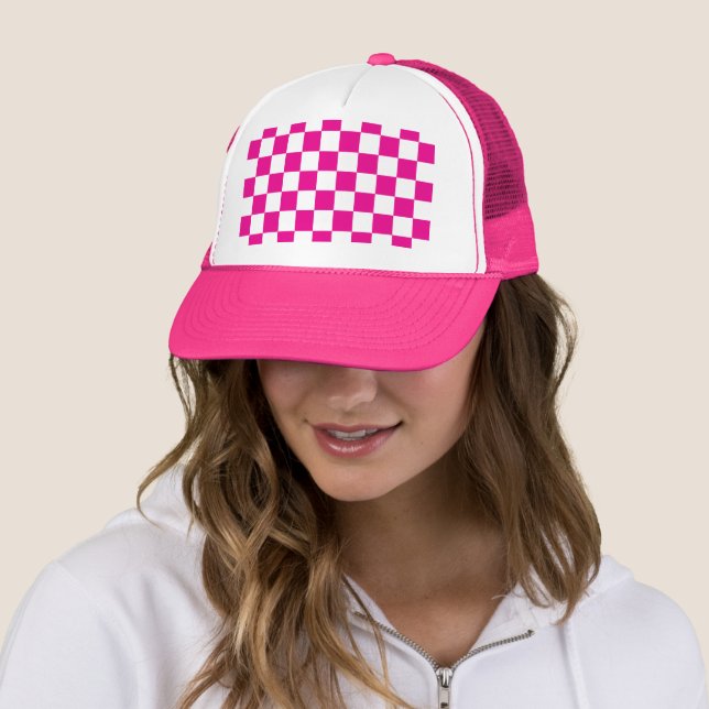 Fuchsia Racing Chequered Flag Display Customisable Trucker Hat (In Situ)