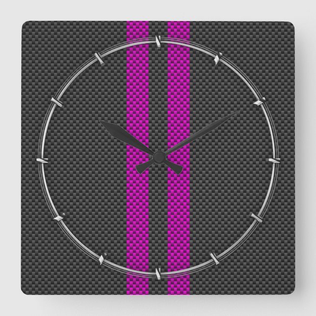 Fuchsia Racing Stripes in Carbon Fibre Style Square Wall Clock (Front)