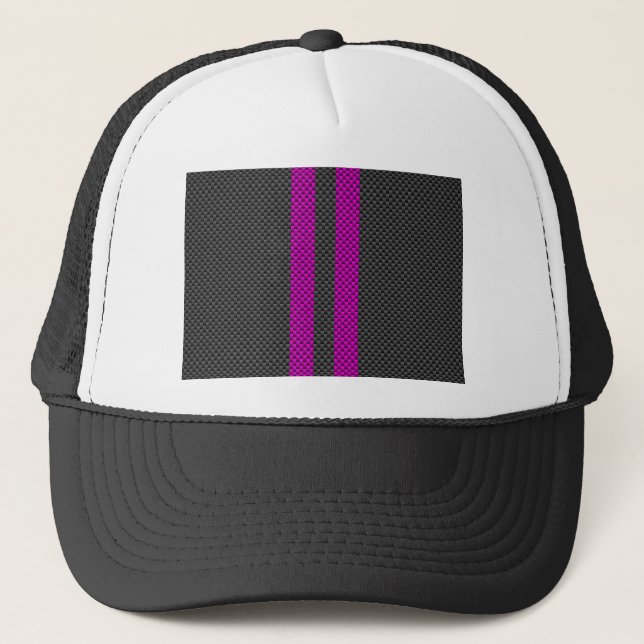Fuchsia Racing Stripes in Carbon Fibre Style Trucker Hat (Front)