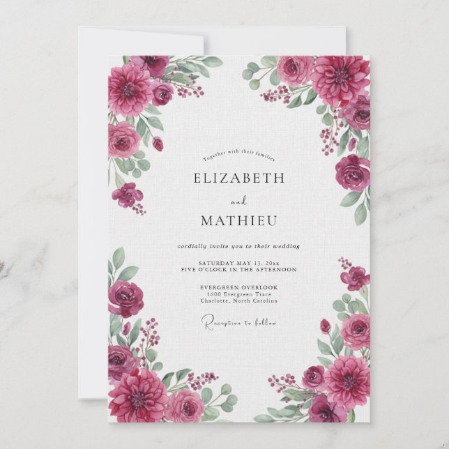 Fuchsia Ranunculus Eucalyptus Wedding Invitation (Front)