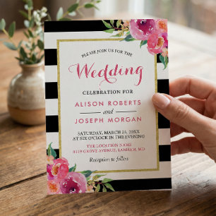 Fuchsia Raspberry Floral Stripes Modern Wedding Invitation
