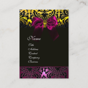 FUCHSIA RIBBON BLACK GOLD YELLOW DAMASK MONOGRAM BUSINESS CARD