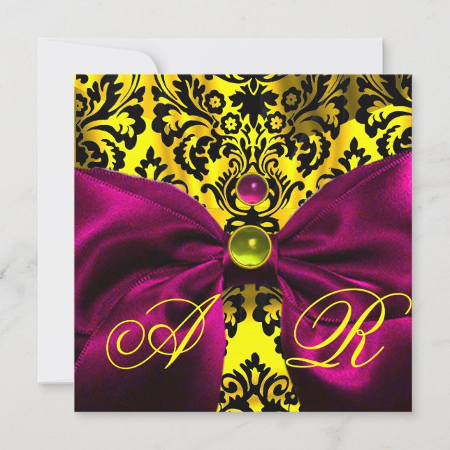 FUCHSIA RIBBON GOLD YELLOW  BLACK  DAMASK MONOGRAM INVITATION (Front)
