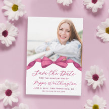 Fuchsia Rose Bow Photo Graduation Save the Date