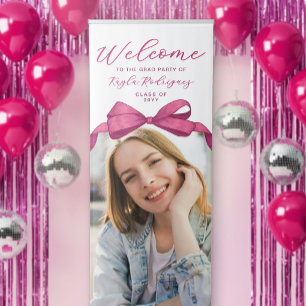 Fuchsia Rose Pink Bow Photo Graduation Welcome Retractable Banner