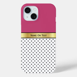 Fuchsia Rose Pinkish-Purplish-Red: White Black Dot iPhone 15 Case