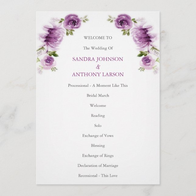 Fuchsia Roses and Peonies Wedding  Program Programme (Front)
