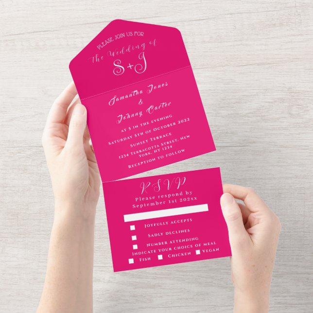 Fuchsia RSVP Simple Hot Pink Chic Trendy Wedding All In One Invitation (Tearaway)