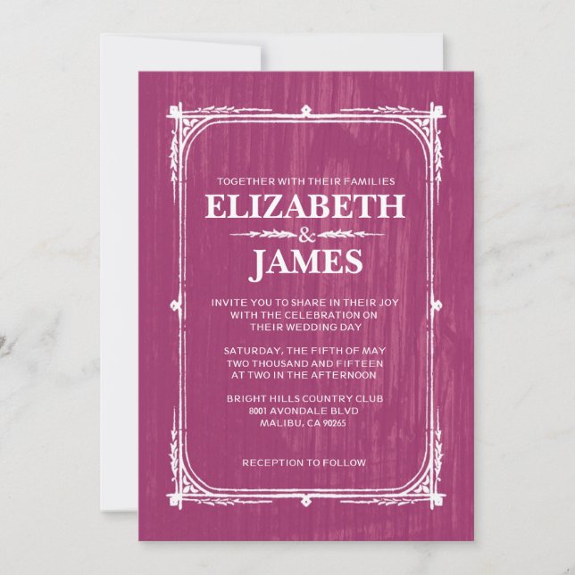 Fuchsia Rustic Barn Wood Wedding Invitations (Front)