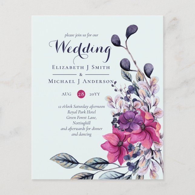 Fuchsia Sage Autumn Fall Wedding Invites BUDGET (Front)