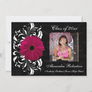 Fuchsia Scroll Gerbera Daisy Graduation Invitation