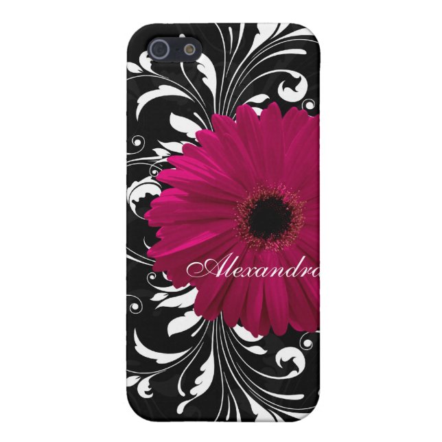 Fuchsia Scroll Gerbera Daisy w/Black and White iPhone Case (Back)