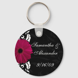 Fuchsia Scroll Gerbera Daisy w/Black and White Key Ring