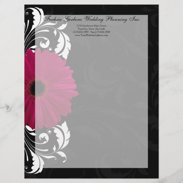Fuchsia Scroll Gerbera Daisy w/Black and White Letterhead Design (Front)