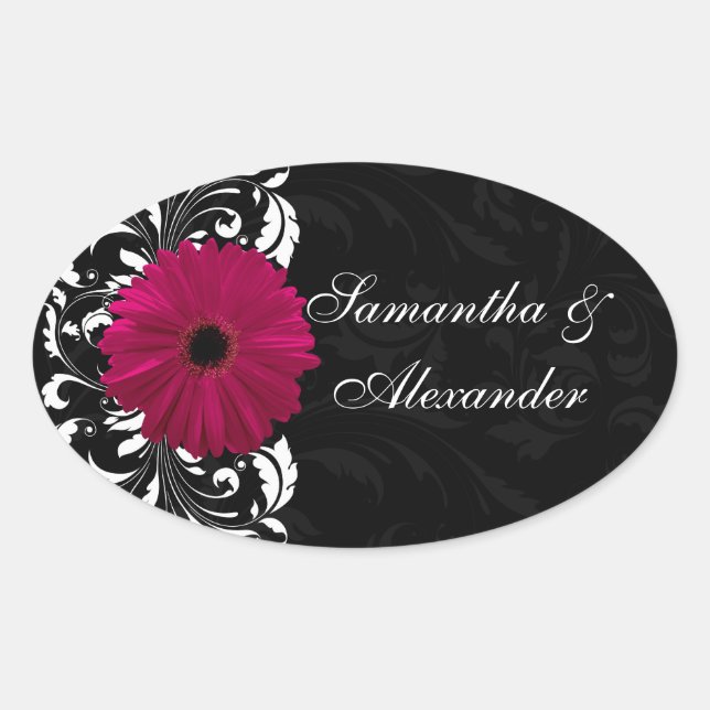 Fuchsia Scroll Gerbera Daisy w/Black and White Oval Sticker (Front)