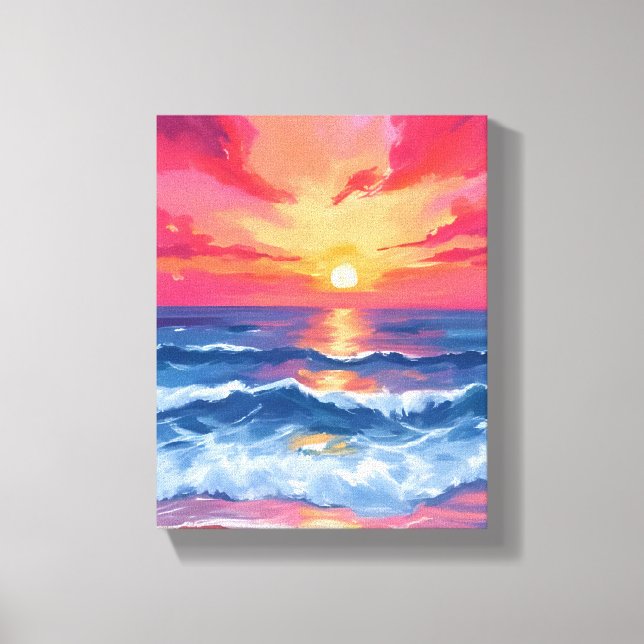 Fuchsia Shore Sunset | Ocean Waves Watercolor Canvas Print (Front)